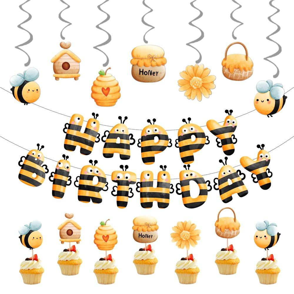 

Весеннее украшение для вечеринки по случаю дня рождения в пчелиной тематике, флаг на день рождения, спиральная подвеска, бирка, маленький топпер для медового торта Bee theme 6pcs/set