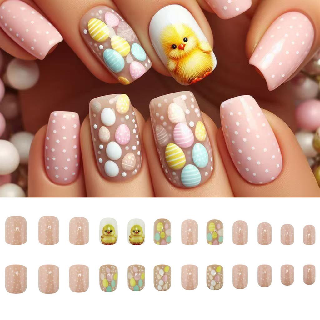 24pcs Square Press On Nail with Chick Pattern Short Artificial Nail Full Cover False Nail Manicure Nail Art for Women