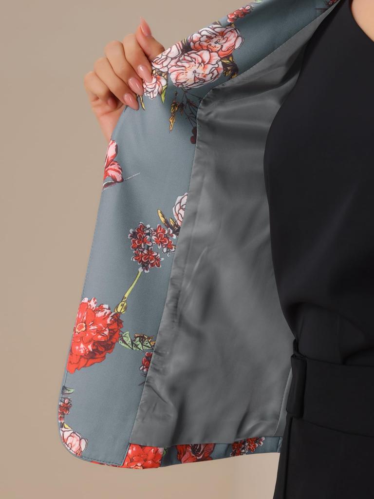 Allegra K Women's Gray Floral Blazer Jacket, Long Sleeve, Print, Notch Lapel, Open Front, Short Length, Size S