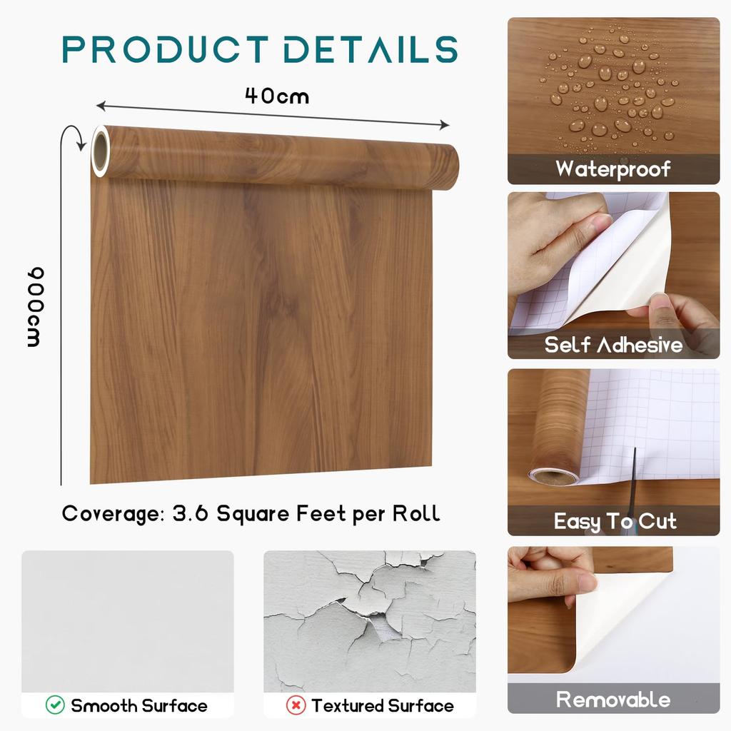 VEELIKE Tapetenaufkleber, Holzmaserung, Blatt, 40 cm x 9 m, Remake-Blatt, entfernbare Tapete, Wandaufkleber, abziehbar, Holzmaserung, Schneideblatt, hitzebeständig