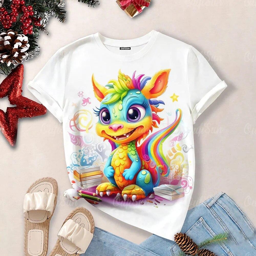 Women's Cartoon Dragon T-Shirt Fashion 3d T Shirt Fashion Near Short-Sleeved Oversized Streetwear Tees Casual Woman Tops