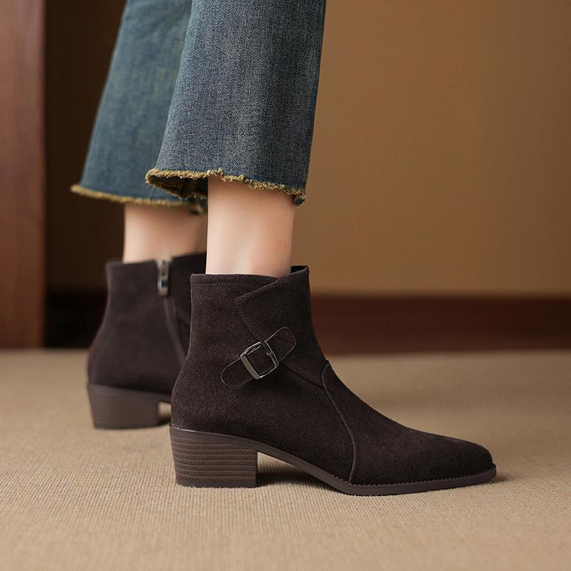 Fashion 2025 NEW Autumn Women Boots Cow Suede Leather Women Shoes Pointed Toe Ankle Boots Chunky Heel Western Modern Chelsea Boots