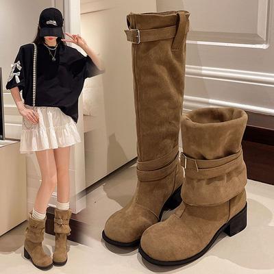 Maillard Pleated Piled Boots Women's Thick Heel Platform Boots Versatile Height-increasing Knight Boots 2025 Autumn New Explosion