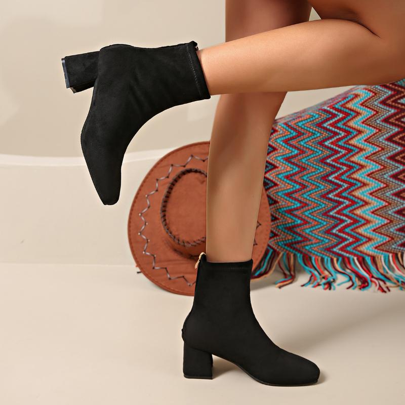 Leopard Print Square Toe Thick Heel Fashion Women's Boots Suede Autumn and Winter High Heels Short Boots Plus Size 35-43