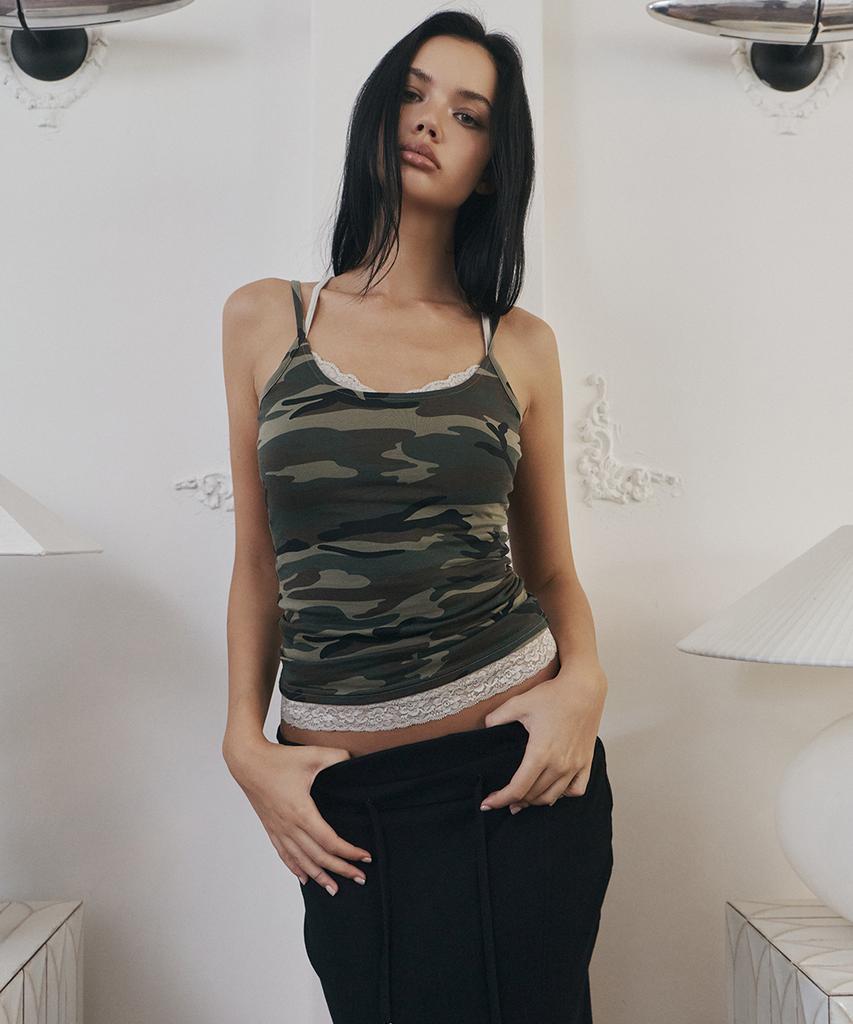PLEASENOFOLLOW Miu Camo Sleeveless Top (Khaki)