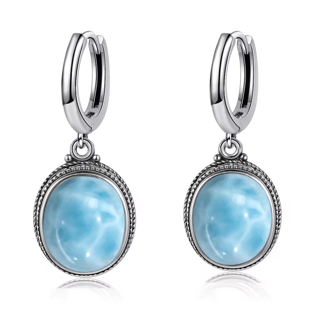 Vintage 925 Silver Natural Labradorite Earrings with Blue Light 10*12mm Big Stone Hoop Earrings Fine Jewelry for Women