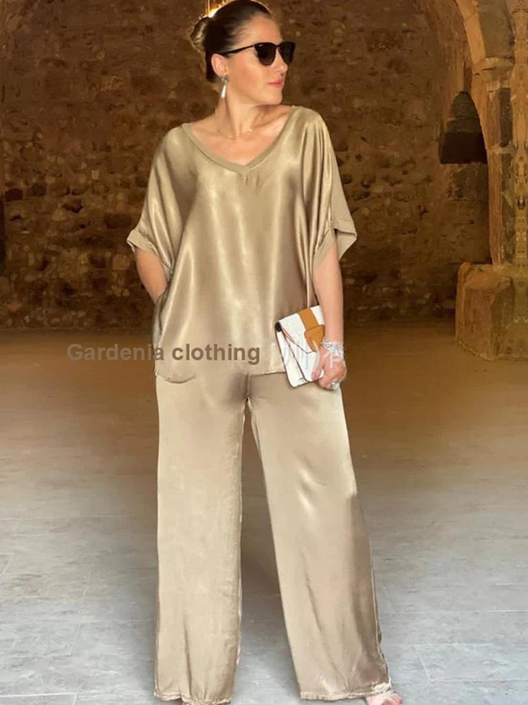 Women's Two Piece Set Pants Spring/Autumn Satin Loose V-Neck Casual Top Wide Leg Pants Fashion Set