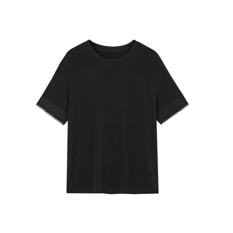 Women's Elegant Wool Blend Short-Sleeve Tee with Lace Trim