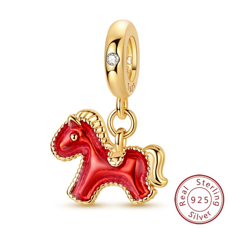 925 Silver Charms Golden Pony White Horse Charms Bead Fit Bracelet Pendant DIY Fine Jewelry For Women Girl Man
