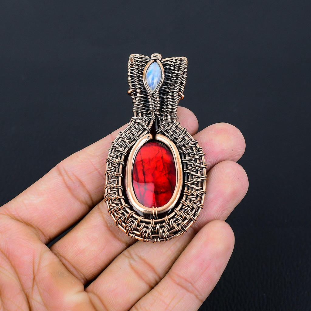 Red Flash Labradorite & Moonstone Gemstone Handmade Pure Copper Wire Wrap Jewelry Pendant