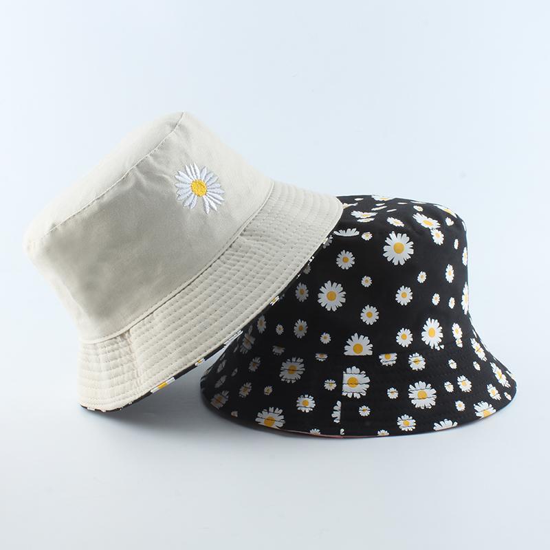 Sommer-Gänseblümchen Eimerhut Damen Mode Baumwolle Strand Sonnenhüte Wende Bob chapeau Femme Blumenhut Fischerhut