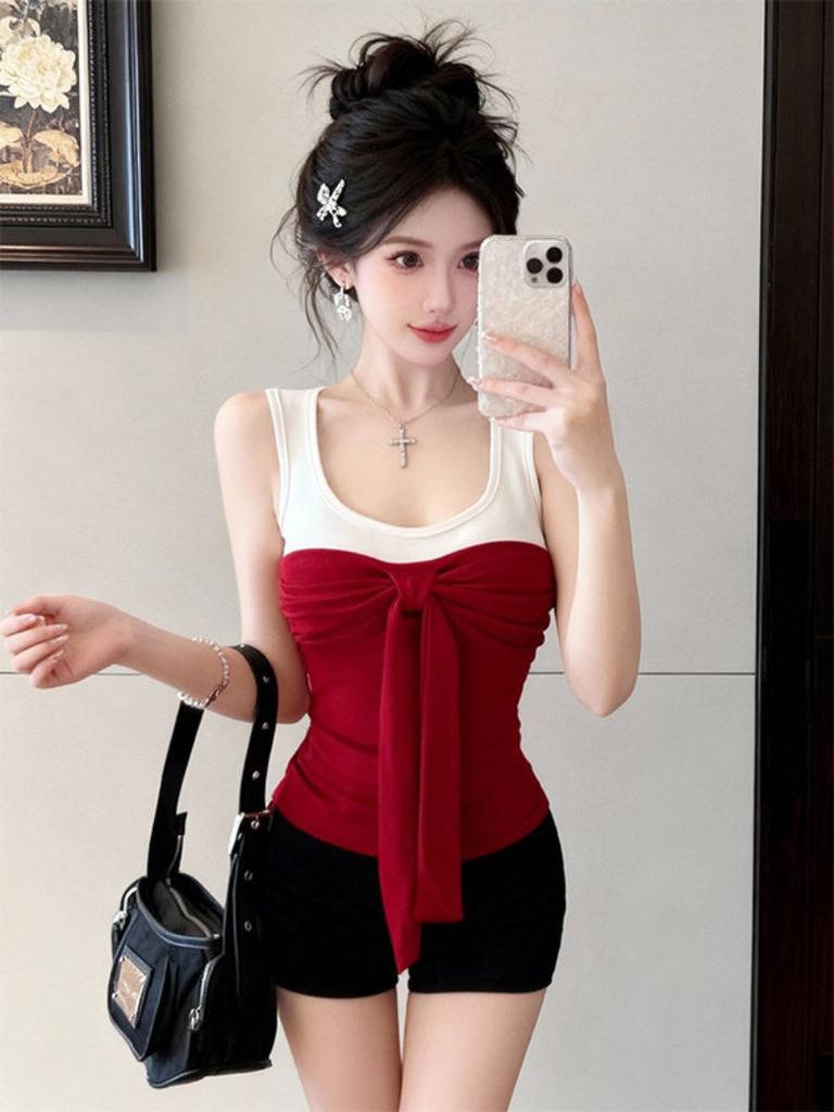 Summer contrasting colors, slim fit and thin inside, sleeveless top with chest pad, French bow lace-up, age-reducing suspender vest