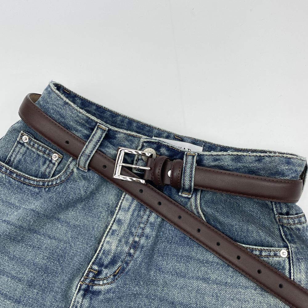 Retro Korean Style Women's Black Leather Belt with Silver Pin Buckle