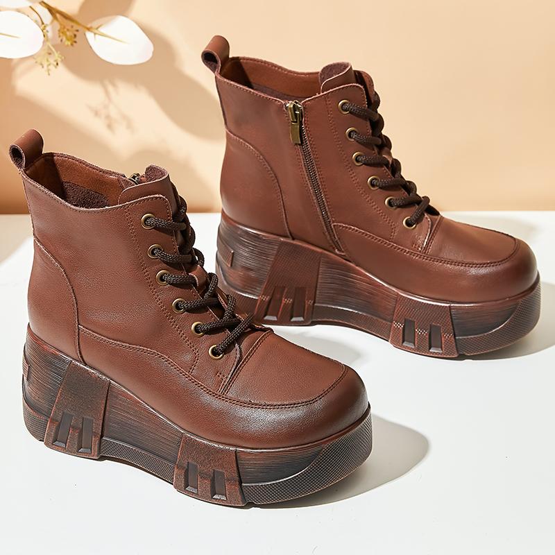 Fashion GKTINOO  Fashion Retro Women Platform Boots Autumn Round Toe Genuine Leather Wedge Heel Ankle Boots Women Handmade Casual Shoes