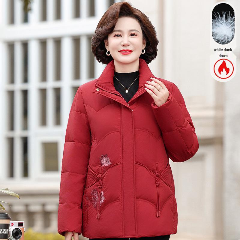 

Mom s Stylish Winter Down Jacket for Middle-aged & Elderly Women - Warm White Duck Down Coat with Stand Collar 4XL (130-145 lbs) красный