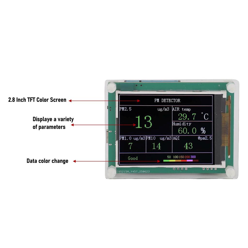 Air Quality Sensor PM1.0 PM10.0 PM2.5 Temperature Humidity Detection Indoor Environment Tester USB Powered 2.8 Inch TFT Display