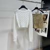2026 Spring/Summer Women's White Cable-Knit V-Neck Embroidered Long-Sleeve Cropped Sweater