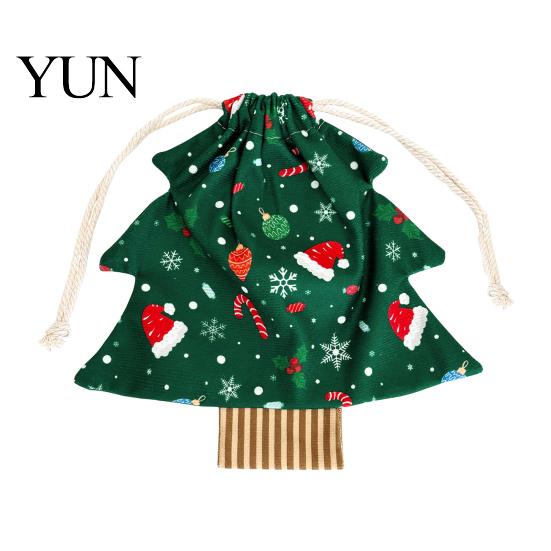 Large Small Storage Christmas Tree Shaped Gift Bags with Drawstring, Reusable Holiday Fabric Bags, Printed Winter Goodie Pouches for Present Wrapping,