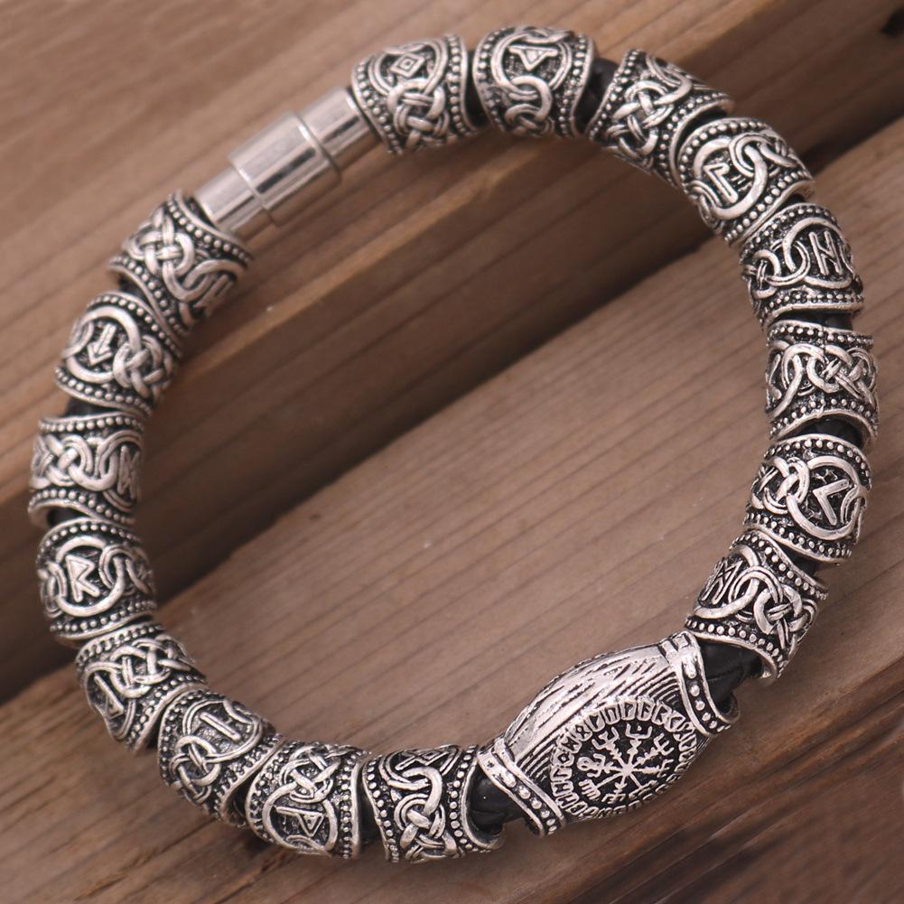 Viking Compass Rune Beard Bead Bracelet For Men Nordic Viking Jewelry Accessory 19cm