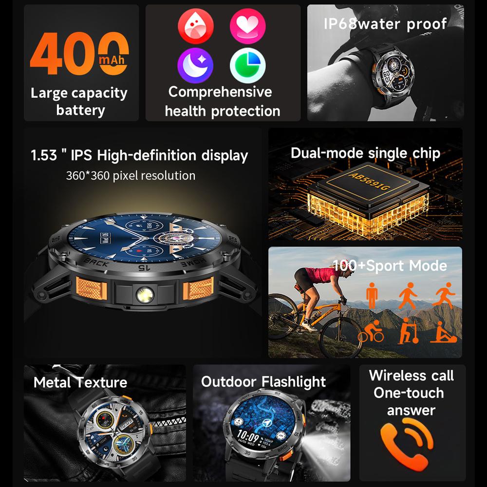 New Outdoor Military Smart Watch Men 1.53" AMOLED Screen IP68 Waterproof Compass Bluetooth Call Sports Bracelet