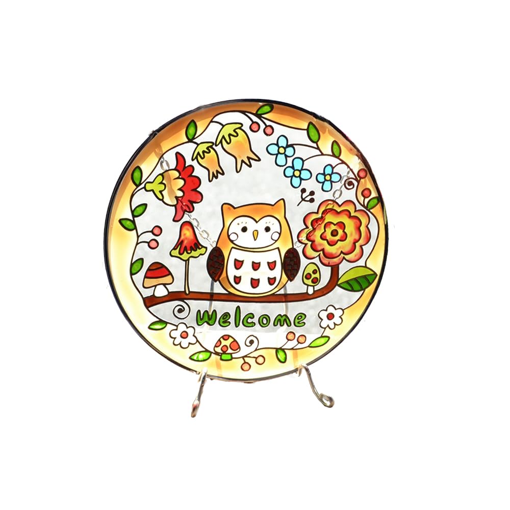 

Fourcart Cute Handmade Glass Stained Frame Fairytale Forest Owl Welcome Round