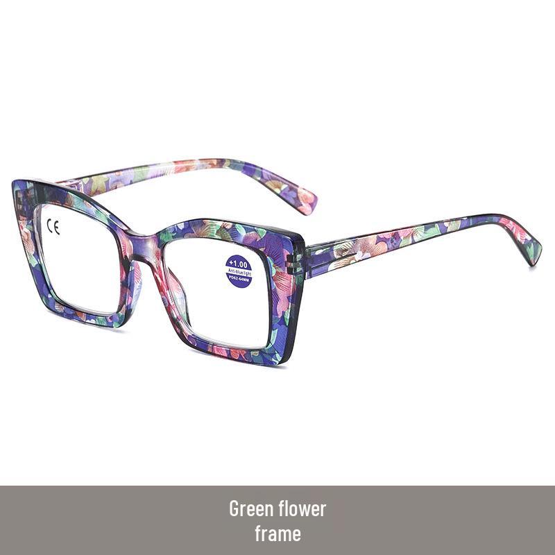 Damen Lesebrille mit großem Rahmen, floralem Muster und Federbügeln, gegen blaues Licht