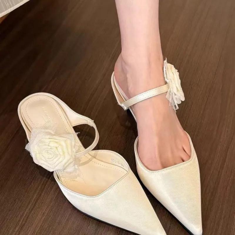 2025Women's Flower Slippers Pointed Toe Thin Heels Satin Cover Toe High Heel Dress One Kick Mature Elegant Zapatillas De Mujer