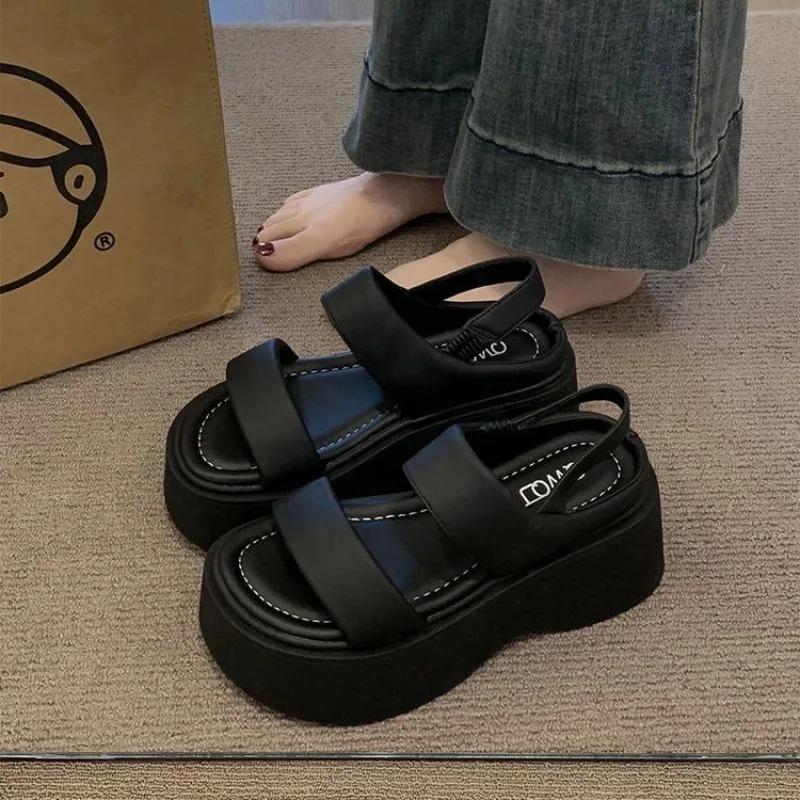 Fashion Summer 2025 Chunky Sandals Women's Wedge Heels Shoes 8CM High Heels Leather Casual Woman Beach Thick Bottom Sandales Femmes