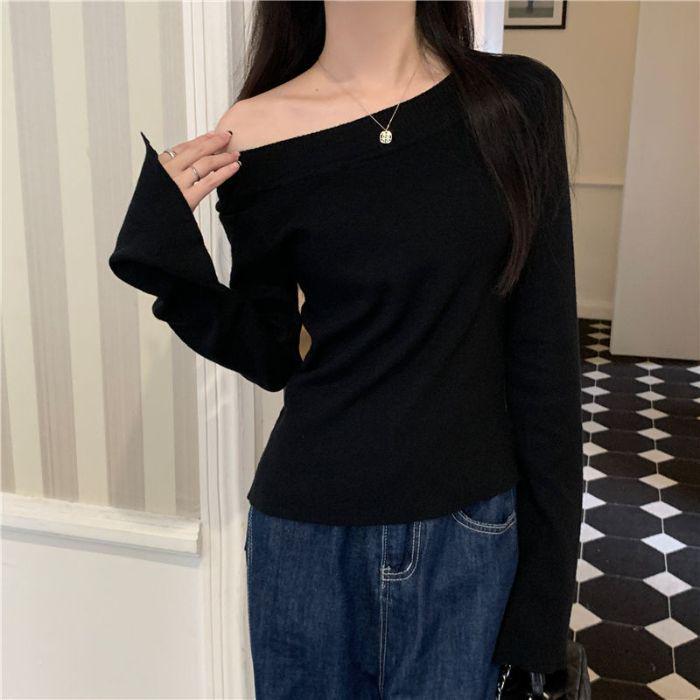 Women's Gray Off-Shoulder Asymmetric Slimming Long Sleeve Top - 2024 Trendy Autumn/Winter Versatile Style