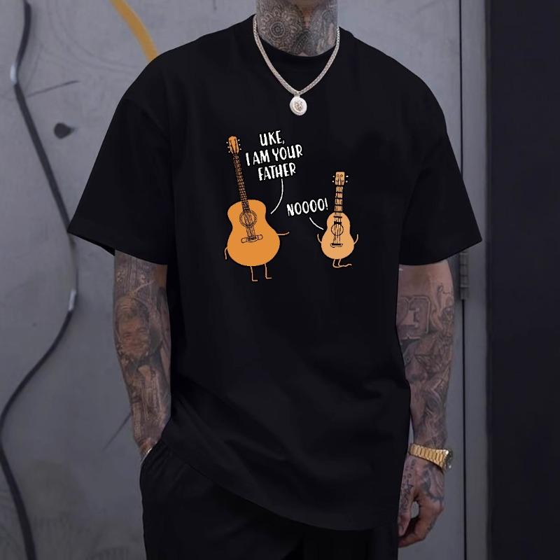 Men's Printed Loose Short Sleeved T-shirt with Guitar Letters Shirt