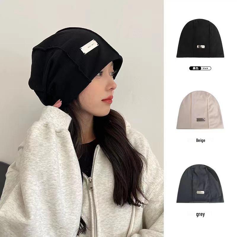 Women's Slouch Beanie: Metal Logo, Plain Color, Letter Knit, Large Head Circumference, Cloud Design - Autumn/Winter.
