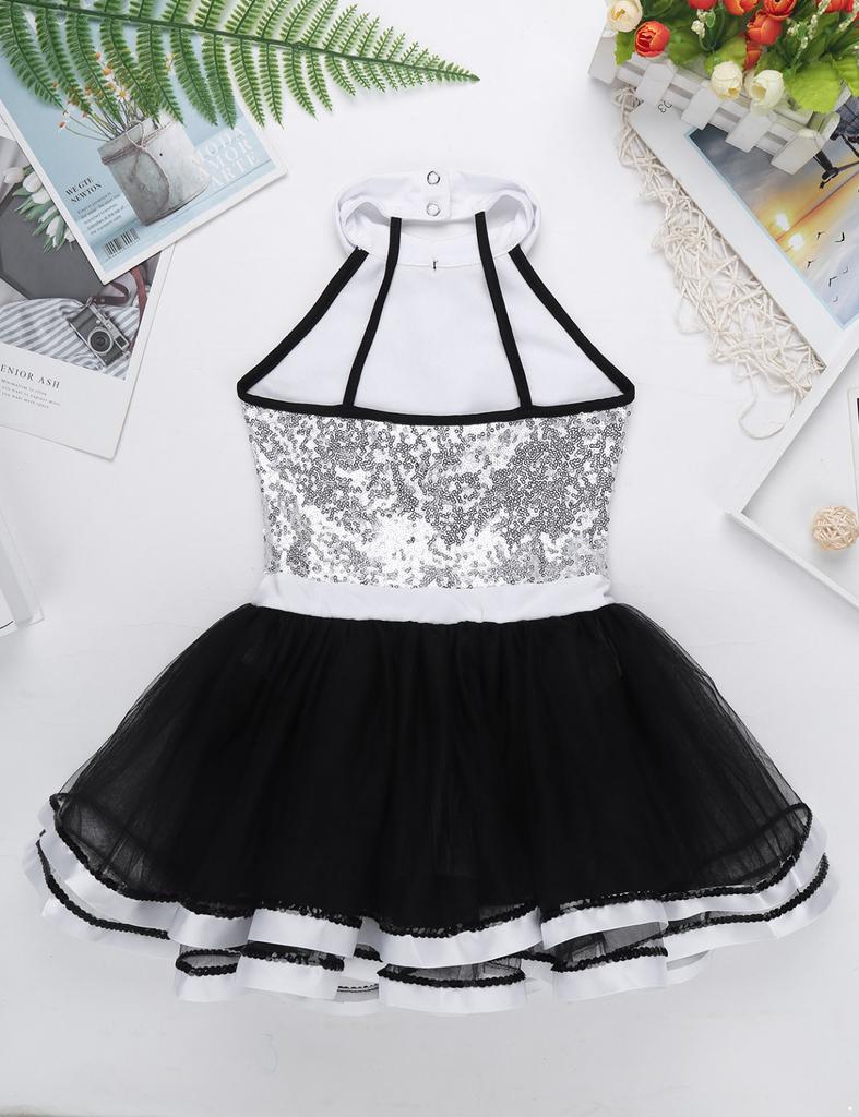 Girls Kids Shiny Sequins Modern Jazz Dance Outfit Ballet Tutu Dress Stage Performance Dancing Costume
