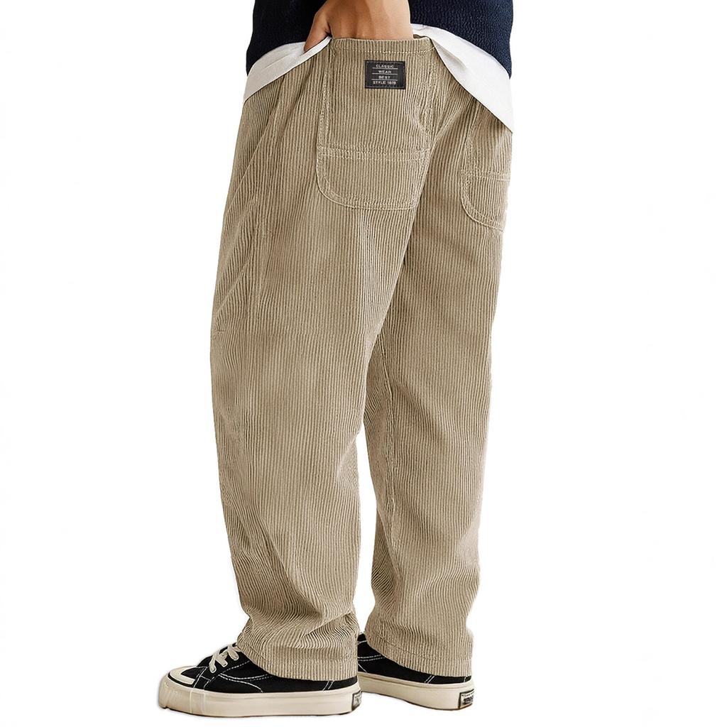 Mens Corduroy Loose Fit Trousers Straight Leg Casual Pants With Patch Pockets And Elastic Waistband For Daily Wear