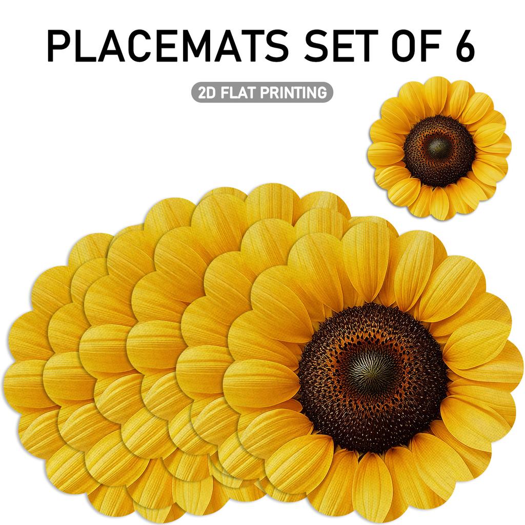 4/6pcs, Sunflower Pattern Linen Placemats, Yellow Sunflower Flower Design Placemats, Suitable for Table Decoration, Kitchen Decoration, Daily Use Deco