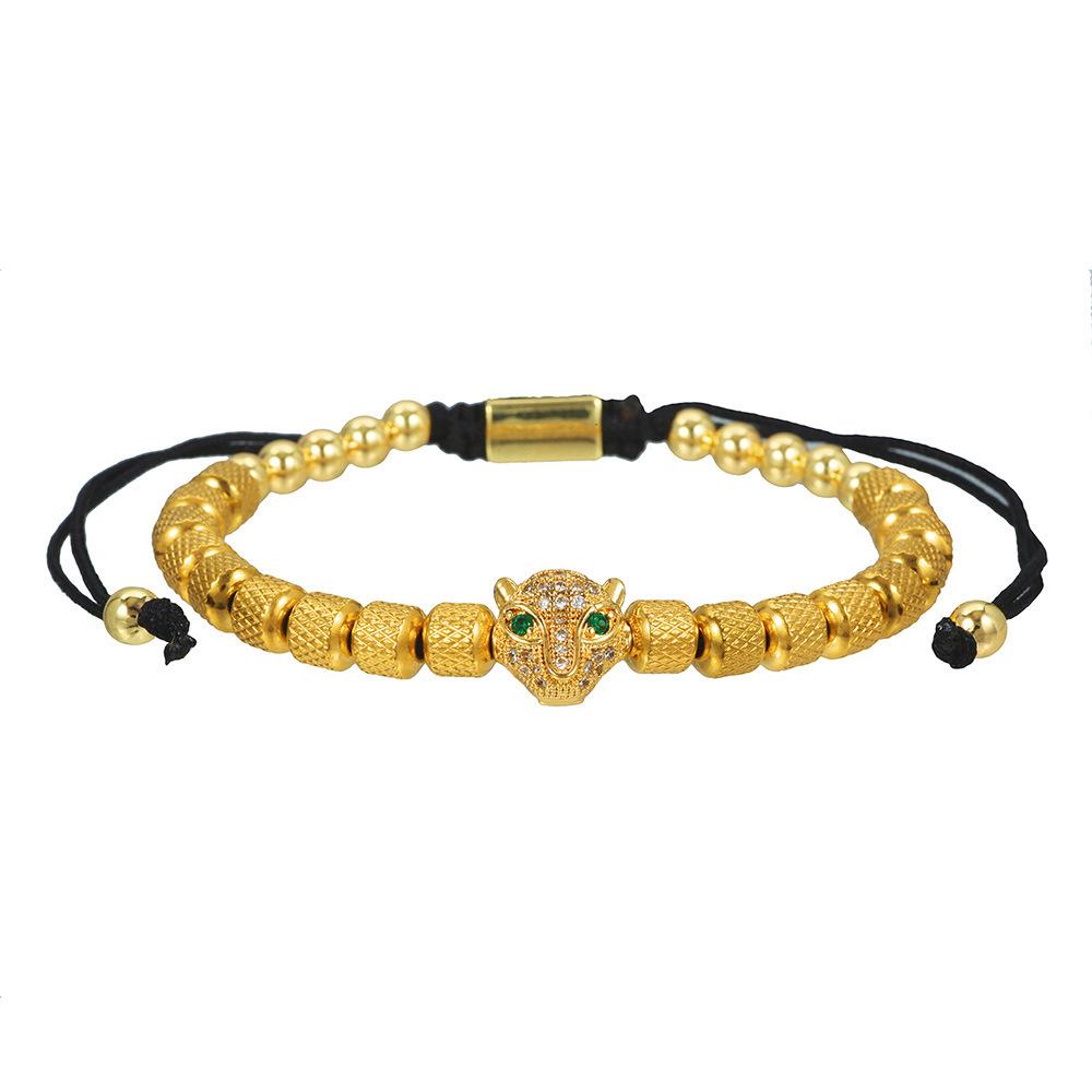 Men's Punk Braided Titanium Steel Bracelet with Leopard Head, Zircon, and Pineapple Beads.