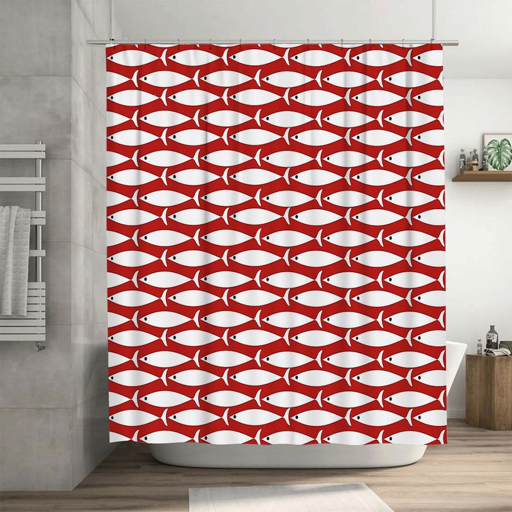 Fish Shower Curtain Red White Pattern Ocean Sea Animal Bathroom Decor Waterproof Modern Coastal Home Textile Washable