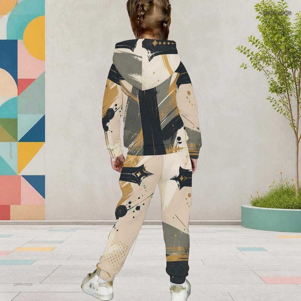 Girls Red Blue Star Printed Hooded Two Piece Set Long Sleeve Kangaroo Pocket Top Cuffed Pants
