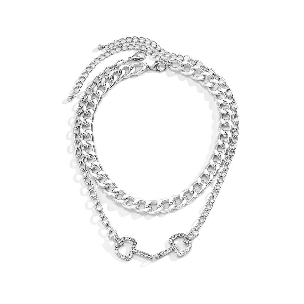 Accessories, creative full diamond D-shaped symmetrical double-layer necklace, hip-hop thick chain metal mix and match necklace