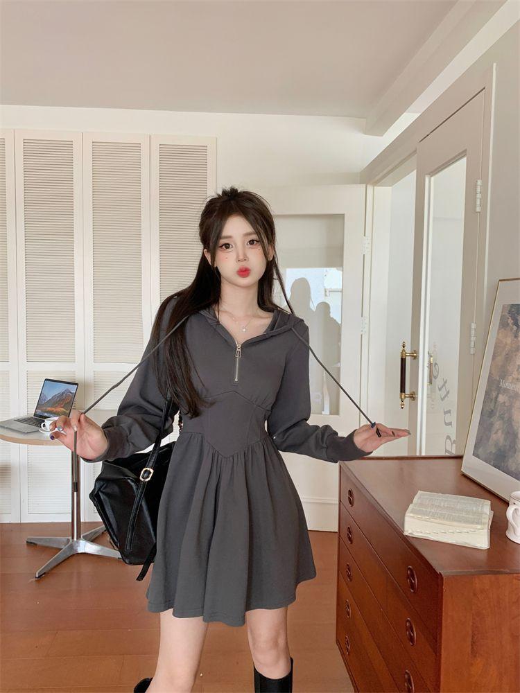 Large Size Black Hooded Casual Sweater Dress Women's Autumn and Winter Fat Mm Advanced Feeling Waist and Thin A-shaped Short Skirt