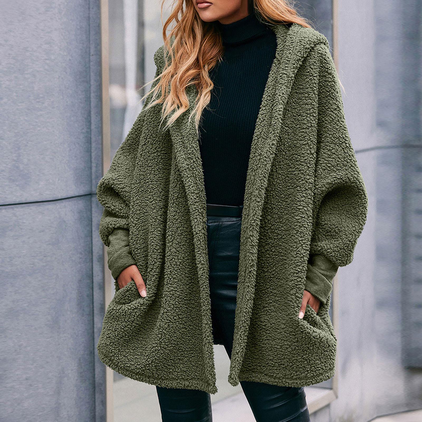 

Женские двусторонние плюшевые куртки большого размера, верхняя одежда из нечеткого флиса, пальто с карманами XL армия зеленый