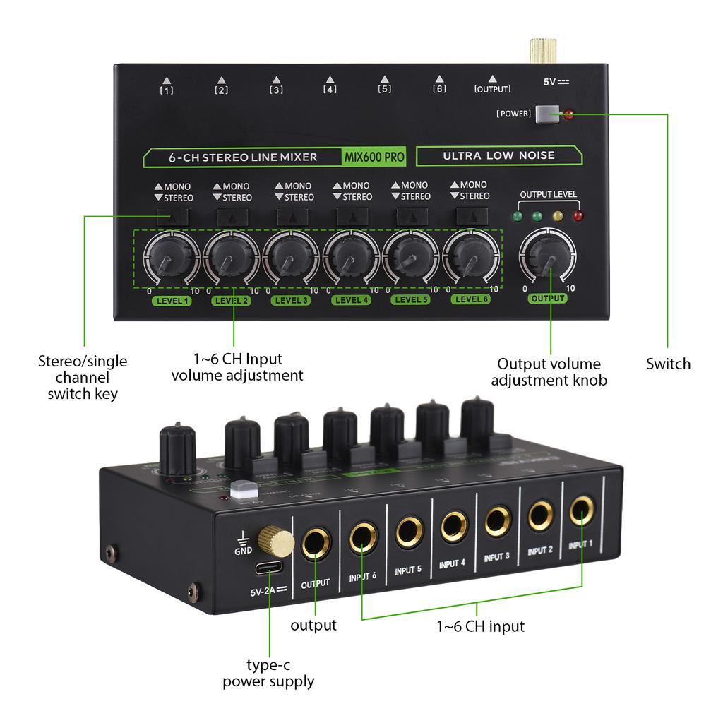 6-Channel Audio Mixer Mini Audio Mixer Stereo Mono Switching 6.35mm TRS/TS Input Metal Shell Type-C