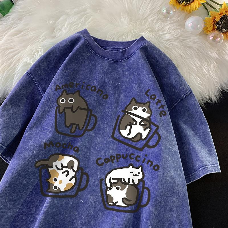 Cat Coffee Pure Cotton Trendy Summer Loose Short Sleeved T-shirt Men Women Mocha Latte Cat Vintage Water Washing Fun Cat Tees
