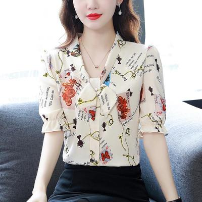 2023 Zomer Mode V-Hals Print Losse Geplooide Korte Mouw Chiffon Top voor Dames
