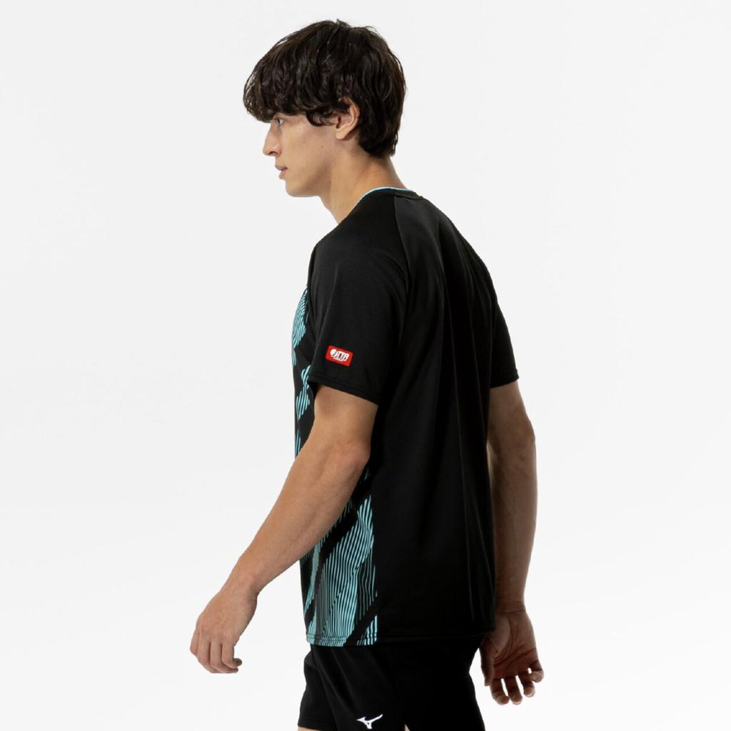 Mizuno Table Tennis Game Shirt, Short Sleeve, JTTA Certified, Moisture-Wicking, Quick-Drying, Unisex, 82JAC102, Black/Blue