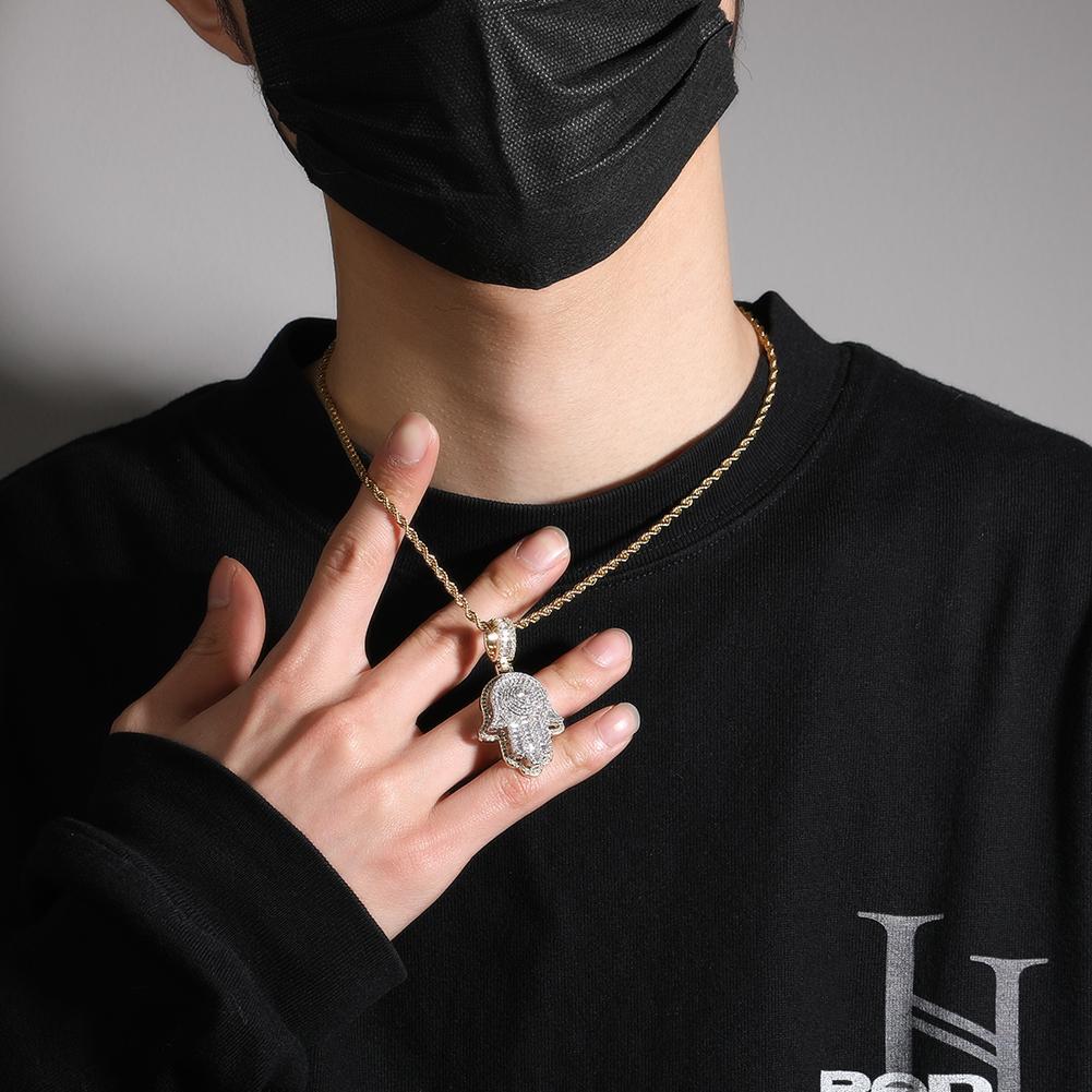 THE BLING KING Double Layer Famita Hamsa Hand Pendant Full Iced Out Bling Cubic Zirconia Necklace Luxury Hiphop Jewelry For Gift