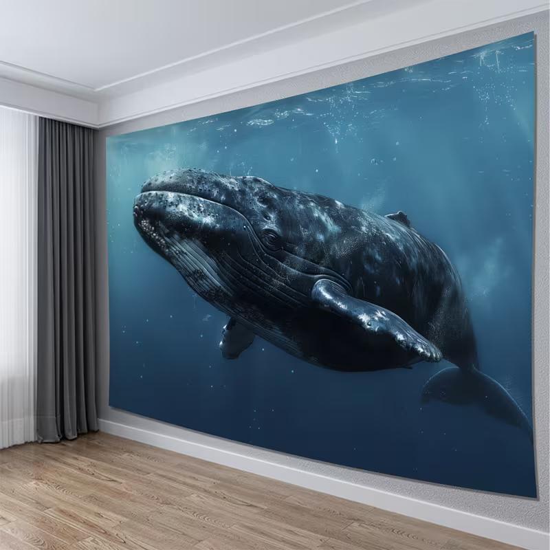2D Realistic Whale Wall Tapestry, Deep Sea Animal Scene Wall Art for Home Decoration