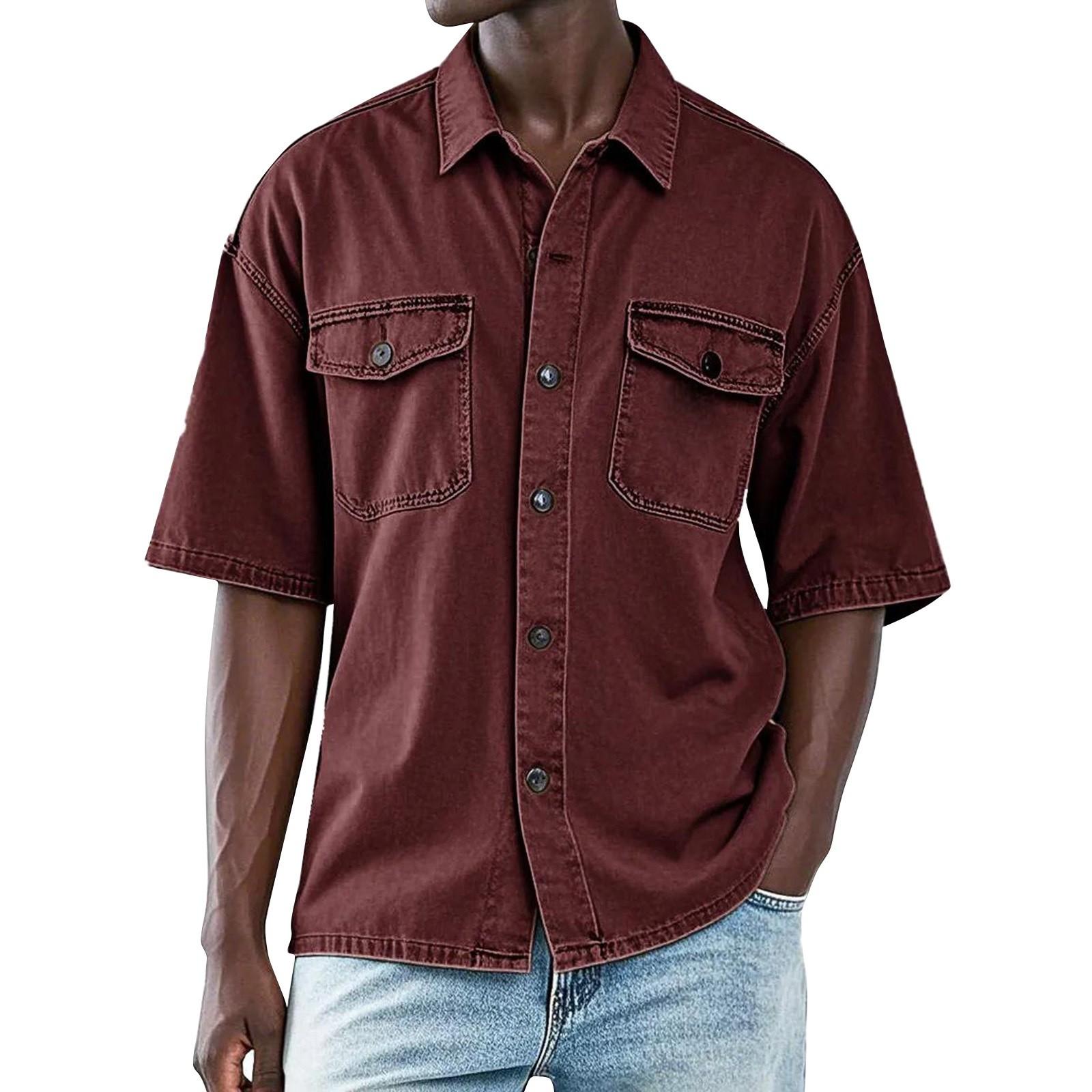 

Мужская летняя однотонная рубашка с лацканами и короткими рукавами, мужская повседневная модная рубашка с короткими рукавами M красный