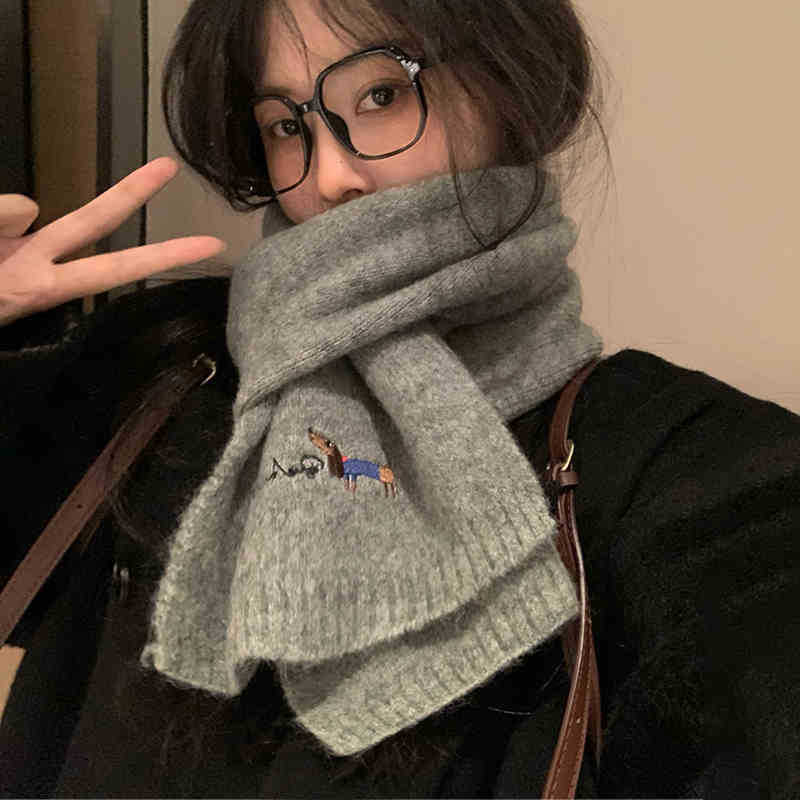 Japanischer Niedlicher Welpe Bestickter Kaschmir Strickschal Damen Saison Warm Studenten Paar Wollschal