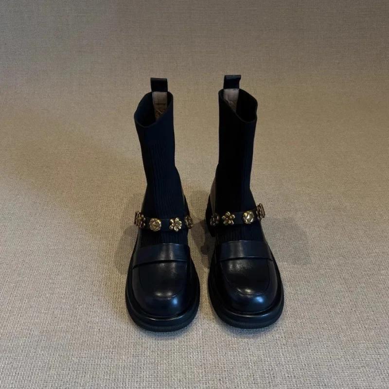 Fashion Elastic Knitted Short Boots Women's Round Toe Thick Bottom Metal Buckle Retro College Style Autumn Winter Fashion Casual Boots