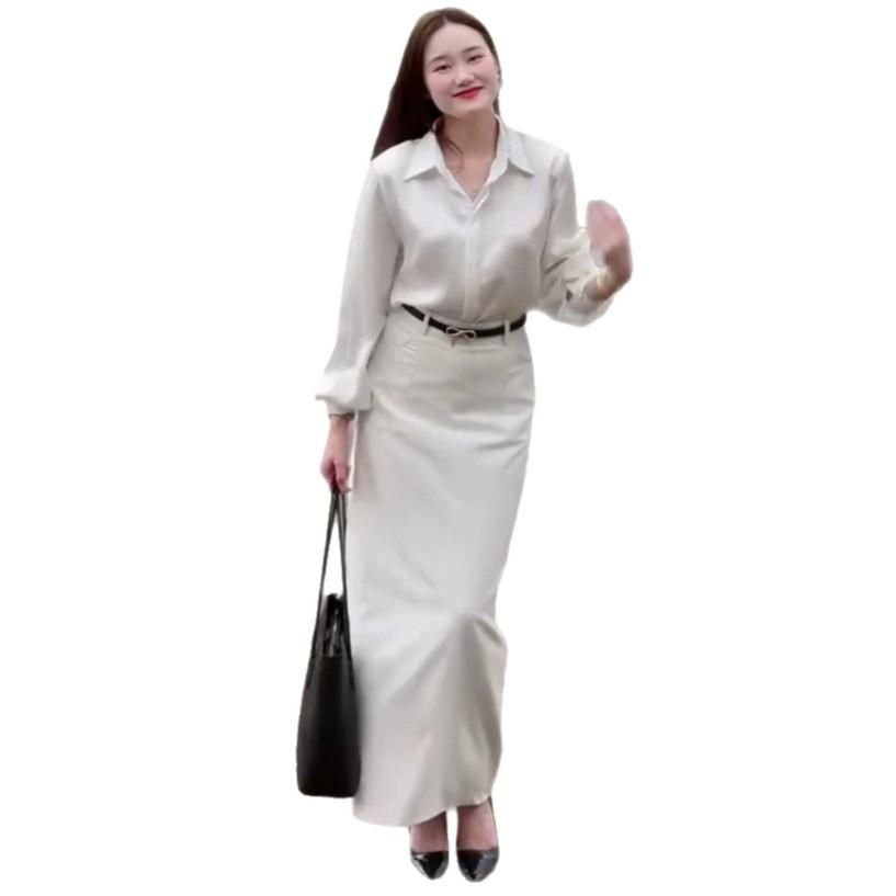 Spring and Autumn New European and American Women's Clothing Cross-border Shirt Long Sleeve Cardigan Top Belt Skirt Two-piece Set